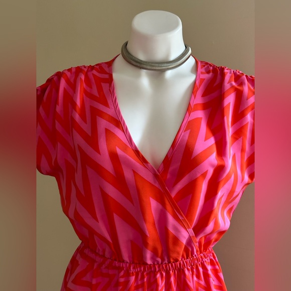 Amanda Uprichard Orange & Red Geometric V Neck Mini Dress 100% Silk Chev… - Picture 2 of 13